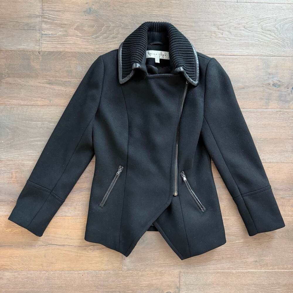 Trina Turk Black Lambswool Asymmetric Coat, Leather Trim, Women's Sz 6